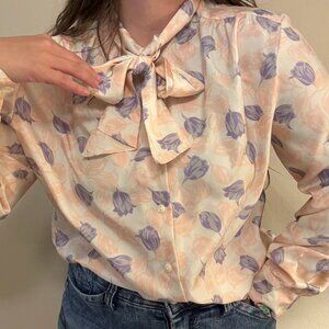 Vintage 80s Ship N Shore Pastel Floral Secretary Pussybow Bow Blouse L/XL
